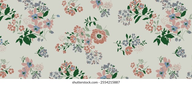 Seamless folk pattern in small wild flowers. Liberty style millefleurs. Floral meadow background for textile, wallpaper, covers, surface, print, gift wrap, scrapbooking, decoupage. Rustic chic
