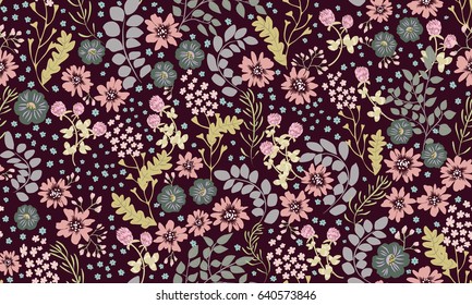 Seamless folk pattern in small wild flowers. Liberty style millefleurs. Floral meadow background for textile, wallpaper, covers, surface, print, gift wrap, scrapbooking, decoupage. Rustic chic