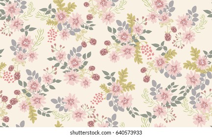 Seamless folk pattern in small wild flowers. Liberty style millefleurs. Floral meadow background for textile, wallpaper, covers, surface, print, gift wrap, scrapbooking, decoupage. Rustic chic