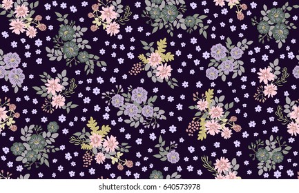 Seamless folk pattern in small wild flowers. Liberty style millefleurs. Floral meadow background for textile, wallpaper, covers, surface, print, gift wrap, scrapbooking, decoupage. Rustic chic