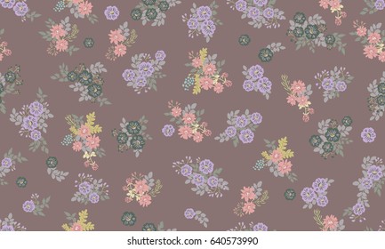 Seamless folk pattern in small wild flowers. Liberty style millefleurs. Floral meadow background for textile, wallpaper, covers, surface, print, gift wrap, scrapbooking, decoupage. Rustic chic
