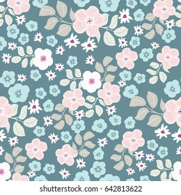 Seamless folk pattern in small wild flowers. Rustic style millefleurs. Floral meadow background for textile, wallpaper, pattern fills, covers, surface, print, gift wrap, scrapbooking, decoupage.