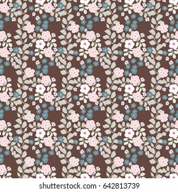Seamless folk pattern in small wild flowers. Rustic style millefleurs. Floral meadow background for textile, wallpaper, pattern fills, covers, surface, print, gift wrap, scrapbooking, decoupage.