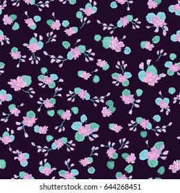 Seamless folk pattern in small wild flowers. Violet. Country style. Floral meadow background for textile, wallpaper, pattern fills, covers, surface, print, gift wrap, scrapbooking, decoupage.
