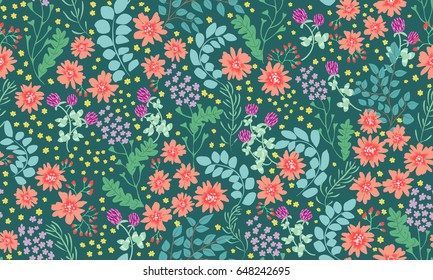 Seamless folk pattern in small wild flowers. Rustic chic millefleurs. Floral meadow background for textile, wallpaper, pattern fills, covers, surface, print, gift wrap, scrapbooking, decoupage.
