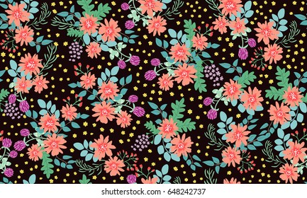 Seamless folk pattern in small wild flowers. Rustic chic millefleurs. Floral meadow background for textile, wallpaper, pattern fills, covers, surface, print, gift wrap, scrapbooking, decoupage.
