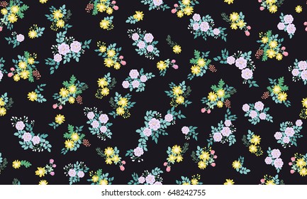 Seamless folk pattern in small wild flowers. Rustic chic millefleurs. Floral meadow background for textile, wallpaper, pattern fills, covers, surface, print, gift wrap, scrapbooking, decoupage.
