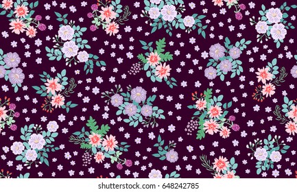 Seamless folk pattern in small wild flowers. Rustic chic millefleurs. Floral meadow background for textile, wallpaper, pattern fills, covers, surface, print, gift wrap, scrapbooking, decoupage.
