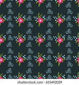 Seamless folk pattern in small wild flowers. Country style millefleurs. Floral meadow background for textile, wallpaper, pattern fills, covers, surface, print, gift wrap, scrapbooking, decoupage.