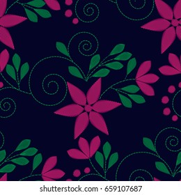 Seamless folk pattern in small wild flowers. Vector imitation of embroidery. Country style. Floral background for textile, wallpaper, covers, surface, print, gift wrap, scrapbooking, decoupage.