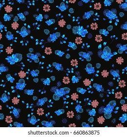 Seamless folk pattern in small wild flowers. Country style millefleurs. Floral meadow background for textile, wallpaper, pattern fills, covers, surface, print, gift wrap, scrapbooking, decoupage.
