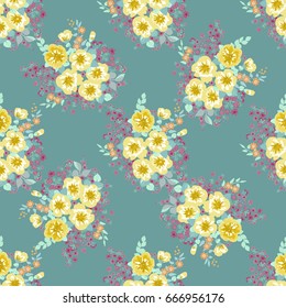 Seamless folk pattern in small wild yellow flowers. Country style millefleurs. Floral meadow background for textile, wallpaper, fills, covers, surface, print, gift wrap, scrapbooking, decoupage.