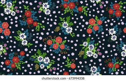 Seamless folk pattern in small wild flowers. Country style millefleurs. Floral cuban background for textile, wallpaper, pattern fills, covers, surface, print, gift wrap, scrapbooking, decoupage.