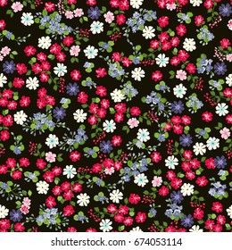 Seamless folk pattern in small wild flowers. Country style millefleurs. Floral meadow background for textile, wallpaper, pattern fills, covers, surface, print, gift wrap, scrapbooking, decoupage.