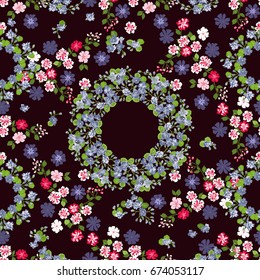 Seamless folk pattern in small wild flowers. Country style millefleurs. Floral meadow background for textile, wallpaper, pattern fills, covers, surface, print, gift wrap, scrapbooking, decoupage.