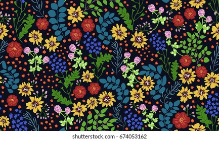 Seamless folk pattern in small wild flowers. Country style millefleurs. Floral cuban background for textile, wallpaper, pattern fills, covers, surface, print, gift wrap, scrapbooking, decoupage.