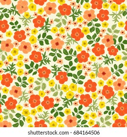 Seamless folk pattern in small wild flowers. Country style millefleurs. Floral meadow background for textile, wallpaper, pattern fills, covers, surface, print, gift wrap, scrapbooking, decoupage.