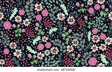Seamless folk pattern in small wild flowers. Country style millefleurs. Floral meadow background for textile, wallpaper, pattern fills, covers, surface, print, gift wrap, scrapbooking, decoupage.