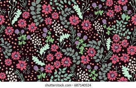 Seamless folk pattern in small wild flowers. Country style millefleurs. Floral meadow background for textile, wallpaper, pattern fills, covers, surface, print, gift wrap, scrapbooking, decoupage.