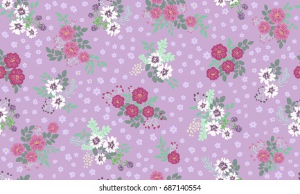 Seamless folk pattern in small wild flowers. Country style millefleurs. Floral meadow background for textile, wallpaper, pattern fills, covers, surface, print, gift wrap, scrapbooking, decoupage.
