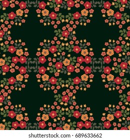 Seamless folk pattern in small wild flowers. Country style millefleurs. Floral meadow background for textile, wallpaper, pattern fills, covers, surface, print, gift wrap, scrapbooking, decoupage.