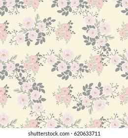 Seamless folk pattern in small wildflowers. Country style millefleurs. Shabby chic colors. Floral meadow background for textile, wallpaper,  covers, surface, print, gift wrap, scrapbooking, decoupage.