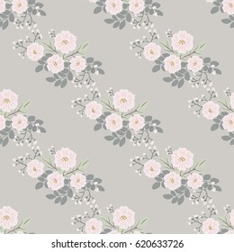 Seamless folk pattern in small wildflowers. Country style millefleurs. Shabby chic colors. Floral diagonal background for textile, wallpaper,  covers, surface, gift wrap, scrapbooking, decoupage.
