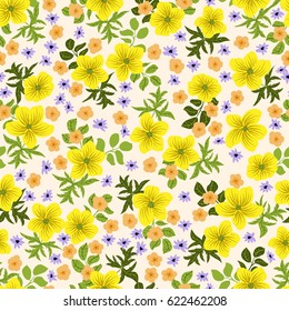 Seamless folk pattern in small wildflowers. Country style millefleurs. Floral meadow background for textile, wallpaper, pattern fills, covers, surface, print, gift wrap, scrapbooking, decoupage.