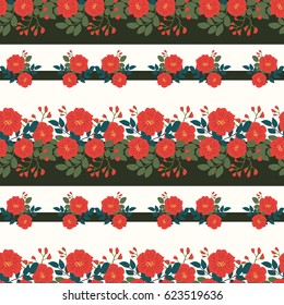 Seamless folk pattern in small wildflowers. Country style millefleurs. Floral striped meadow background for textile, wallpaper, covers, surface, print, wrap, scrapbooking, decoupage. Trendy colors