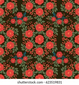 Seamless folk pattern in small wildflowers. Country style millefleurs. Floral mandala background for textile, wallpaper, pattern fills, covers, surface, print, gift wrap, scrapbooking, decoupage.