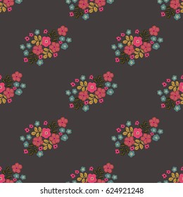 Seamless folk pattern in small wildflowers. Country style millefleurs. Floral meadow background for textile, wallpaper, pattern fills, covers, surface, print, gift wrap, scrapbooking, decoupage.