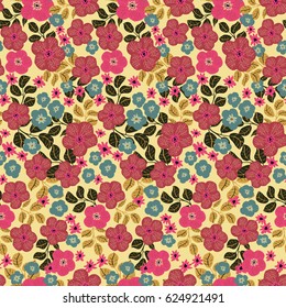 Seamless folk pattern in small wildflowers. Country style millefleurs. Floral meadow background for textile, wallpaper, pattern fills, covers, surface, print, gift wrap, scrapbooking, decoupage.