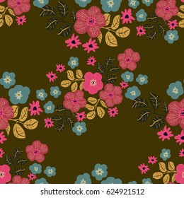 Seamless folk pattern in small wildflowers. Country style millefleurs. Floral meadow background for textile, wallpaper, pattern fills, covers, surface, print, gift wrap, scrapbooking, decoupage.