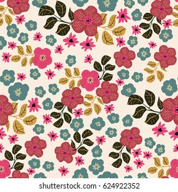 Seamless folk pattern in small wildflowers. Country style millefleurs. Floral meadow background for textile, wallpaper, pattern fills, covers, surface, print, gift wrap, scrapbooking, decoupage.