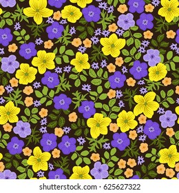 Seamless folk pattern in small wildflowers. Country style millefleurs. Floral meadow background for textile, wallpaper, pattern fills, covers, surface, print, gift wrap, scrapbooking, decoupage.