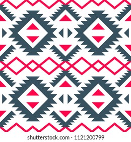 Seamless folk pattern with zigzag, triangles, polygonal figures. Fashion geometric print white, red, gray colors
