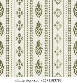 Padrão de listras folclóricas sem costura em tons de azeitona com motivos florais verticais e ornamentais, ilustração vetorial para tecido e papel de parede.