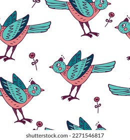 Seamless folk style pattern of cute birds with flowers elements.