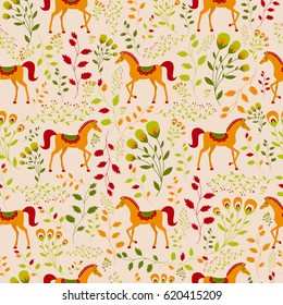 Seamless folk texture with a horses 