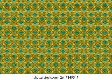 Seamless folk-art style pattern with intricate green and yellow geometric shapes. Ideal for textile prints, boho decor, or ethnic backgrounds.