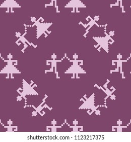 Seamless folklore pixel pattern with dancing people