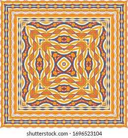 Seamless folkloric bordered scarf pattern in yellow, orange, blue, white, terra in a traditional Mexican style. Authentic tribal fashion square. Allover decor vector. Classic tessellated background.