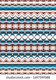 Seamless folkloric geometric carpet pattern in blue, white, brown in a traditional jacquard style. Authentic tribal fashion scarf. Allover decorative vector. Native tessellated background. 