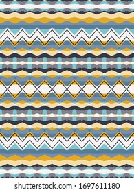 Seamless folkloric geometric carpet pattern in blue, white, yellow and grey in a traditional jacquard style. Authentic tribal fashion print. Allover native vector. Graphic tessellated background.