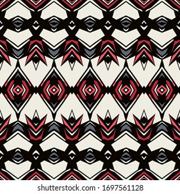 Seamless folkloric geometric scarf pattern in blue, black, red on white in a traditional jacquard style. Authentic tribal interior square. Allover native vector. Decorative tessellated background.