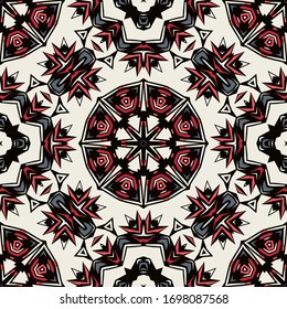 Seamless folkloric geometric scarf pattern in blue, black, red on white in a traditional ornamental style. Authentic tribal interior square. Allover decorative vector. Native tessellated background.