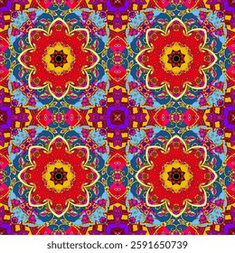 Seamless folkloric pattern with fairy red mandala flower in vector.