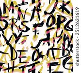 Seamless font pattern with isolated abstract graffiti writing background elements in yellow, pink and black color