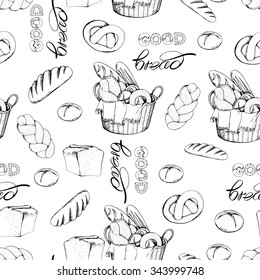 Seamless food background with basket of bread, pastry and baking goods, hand drawn vector illustration.