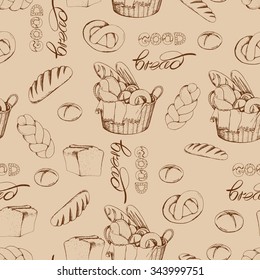 Seamless food background with basket of bread, pastry and baking goods, hand drawn vector illustration.